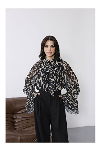 Elif Özbey Butik Siyah Leopar Desenli Şifon Bluz