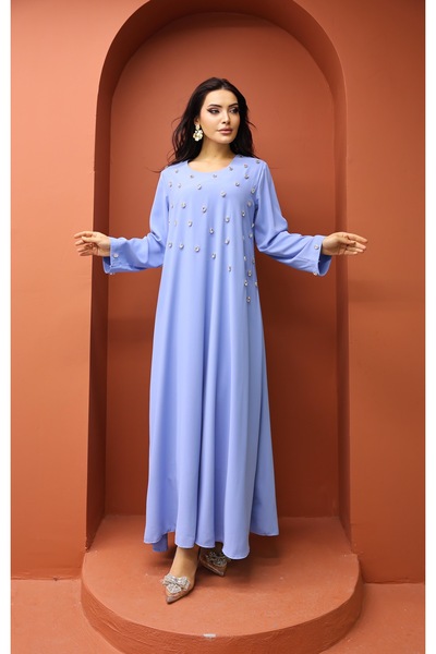 DADO BELLA İndigo Kristal Taş Detaylı İtalyan Krep Standart Beden Elbise