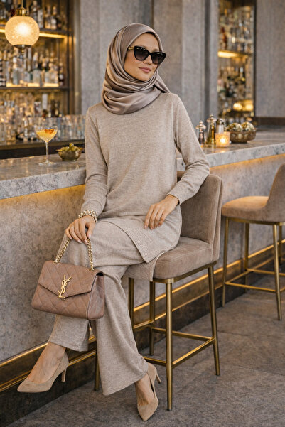 sifu tekstil KADIN BEJ TAM BALIKÇI YAKA RAHAT KALIP İKİLİ TAKIM TRİKO- GÜNLÜK...