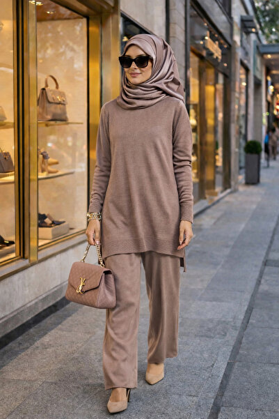 sifu tekstil KADIN KAHVE TAM BALIKÇI YAKA RAHAT KALIP İKİLİ TAKIM TRİKO- GÜNL...