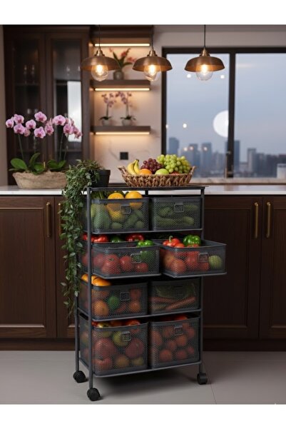 Buclee 8 Bölmeli 4 Katlı Tekerlekli Metal Sebzelik Meyvelik-Siyah Mutfak Düze...
