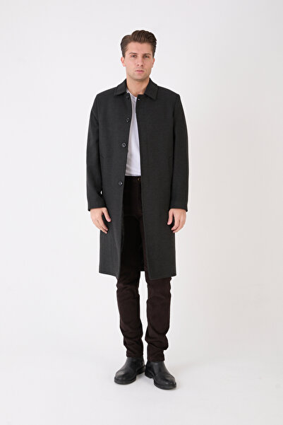 RUVEN TEKSTİL Erkek Siyah Uzun Regular Fit Kaşe Kaban