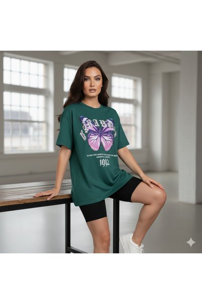 NewYorker Tricou Oversize Verde cu Imprimeu Fluture și Text Grafic - Stil Vintage 1992