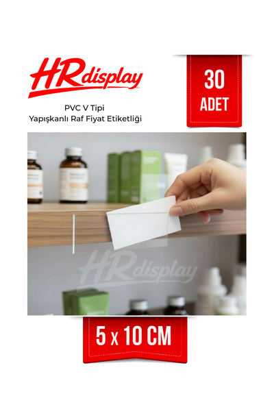 HR Display PVC V Tipi Yapışkanlı Raf Fiyat Etiketliği 5×10 cm – 30 Adet (Şeffaf)