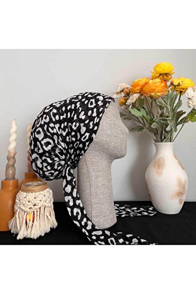 Anatolye Siyah Beyaz Leopar Desen Tülbent Bone - Kaymaz Terletmez (Kaymayan)