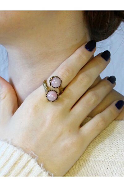 esha خاتم نسائي قابل للتعديل من الحجر الطبيعي والكوارتز الوردي مكون من قطعتين...