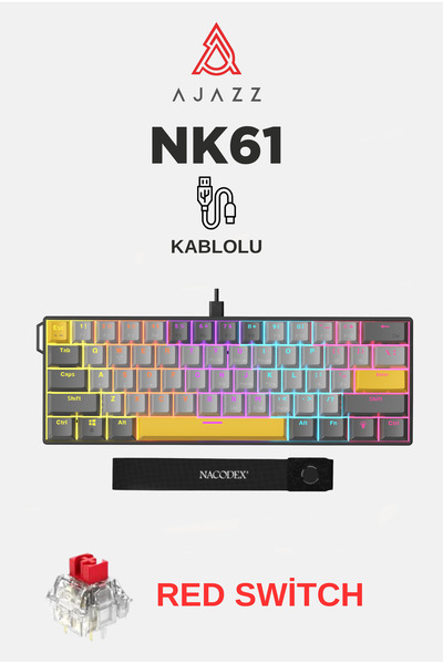 Ajazz NK61 Red Switch Kablolu Hot-Swap Klavye-Rainbow Aydınlatma-Taşıma Bandı