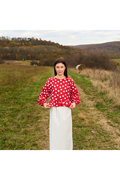 Nuvola slow fashion Red cotton blouse with white polka dots, elastic at the s...