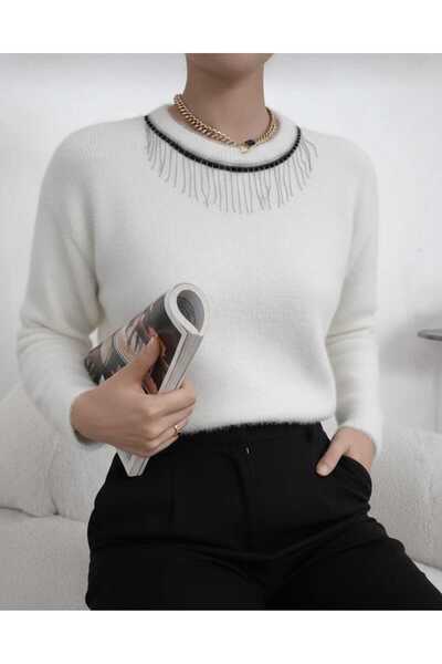 NEWCO KADIN İŞLEMELİ ZİNCİR DETAYLI BİSİKLET YAKA PREMİUM YUMUŞAK PELUŞ KAZAK