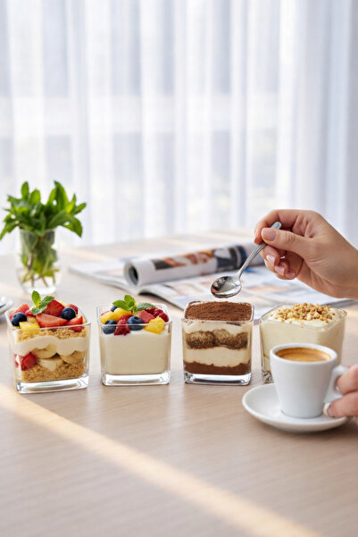 Paşabahçe 4'lü Kare Cam Tatlı Kasesi - Magnolia Tiramisu- Şık Sunum Kasesi Kezze