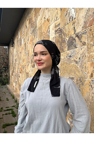 Anatolye Siyah-Gri Çiçekli Tülbent Eşarp Bone - Kaymaz Terletmez (Kaymayan)