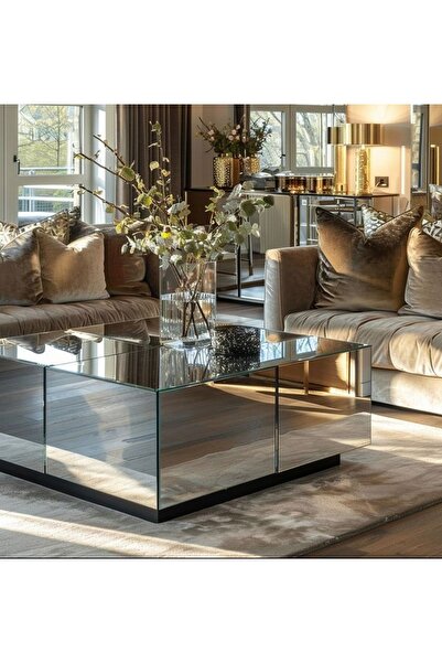 LUXURY VİLLA LUXURY KOMPLE GÜMÜŞ AYNALI TEKERLEKLİ ORTA SEHPA 70X70 YÜKSEKLİK...