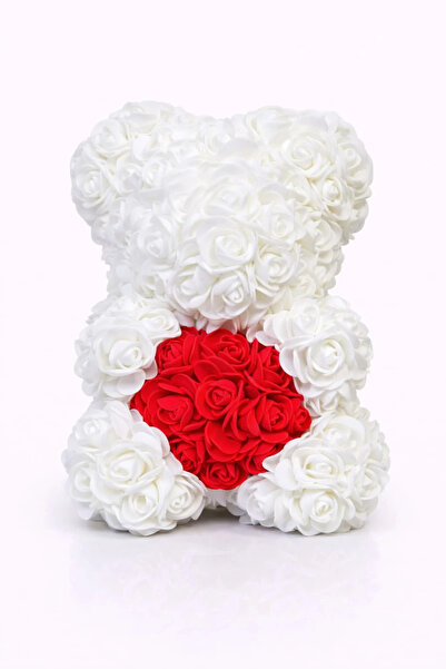Unbraded Decorative teddy bear made of white foam roses with a red heart in a...
