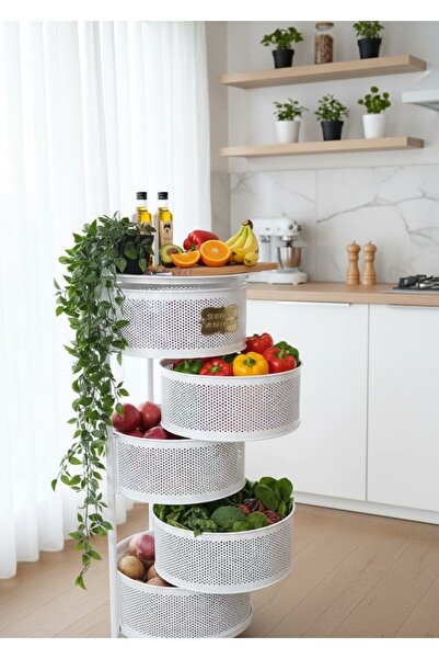 Buclee 5 Katlı Döner Sepetli Tekerlekli Beyaz Sebzelik Meyvelik Paslanmaz Met...