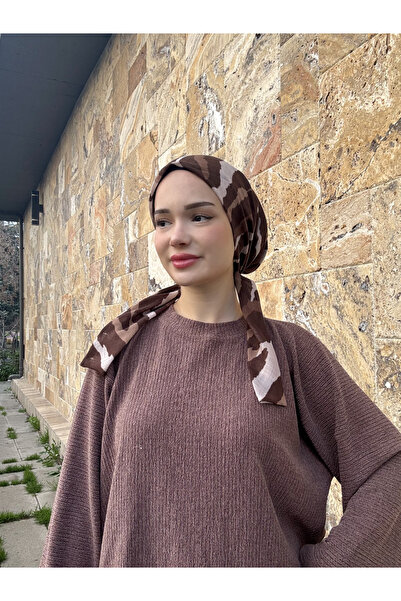 Anatolye Kahverengi Zebra Desen Tülbent Eşarp Bone