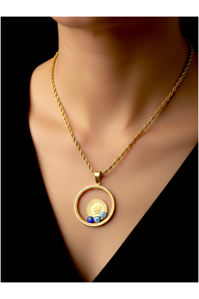 modamira Nazar Boncuklu Çerçeveli Çeyrekli Altın Rengi Çelik Kolye