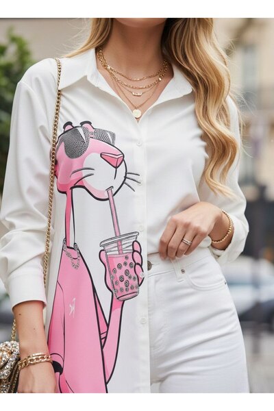 Ahzem Collection Stone Printed Pink Panther Crepe Fabric Tunic Shirt