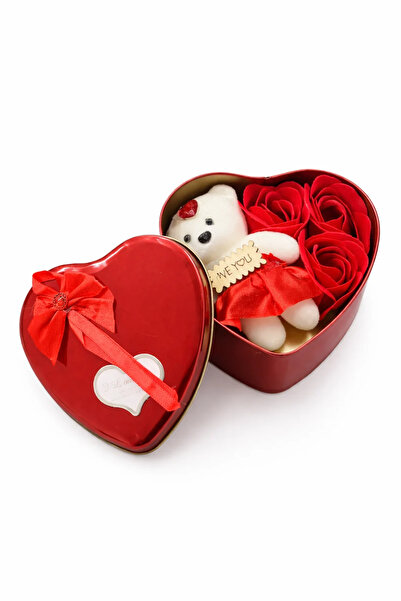 LOVE Heart-shaped gift box with soap roses and teddy bear, red, 12 x 11 cm