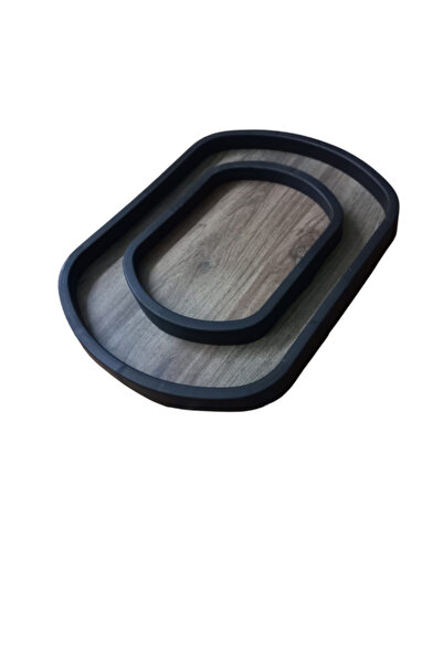 FH Tasarım 2’li Koyu Ceviz Ahşap Desenli Sunum Tepsisi – Plastik Kenarlı, Ova...