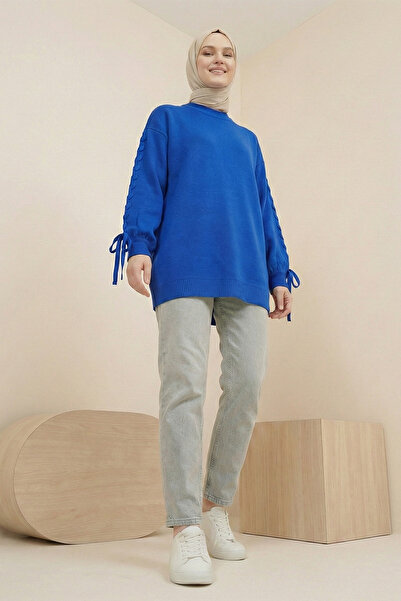 Kirazgym Women's Sleeve Knit Detailed Round Neck Knitwear Tunic - Cobalt Blue