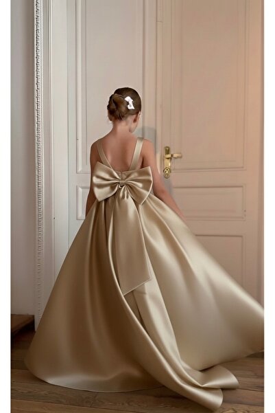 Asel Kids KIZ ÇOCUK BEJ ELBİSE TASARIM FİYONKLU KUYRUKLU