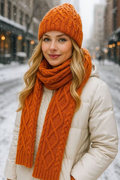 HAZAL KAYA ATELIER Tile Knitwear Braided Women's Scarf Beanie Set of 2 180X20 cm