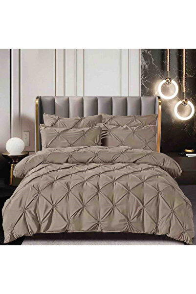 JOJO Bed Linen for 2 Persons, Fine Cotton with Pleats, 6 Pieces - Beige