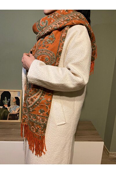 bazin Yumuşak Etnik Desen Orijinal Kaşmir Atkı-Kashmir Omuz Şalı 196x65