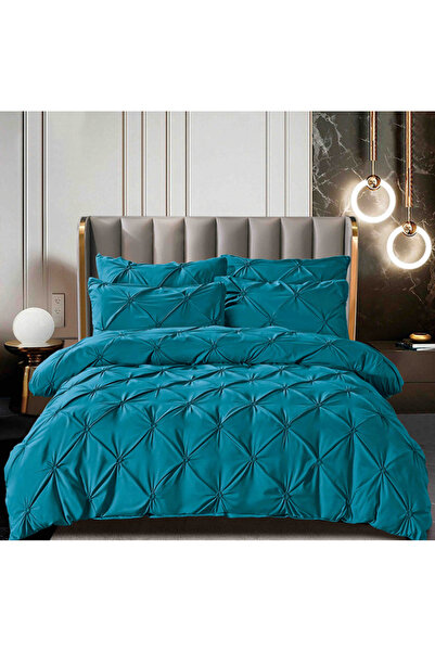 JOJO Bed Linen for 2 Persons, Fine Cotton with Pleats, 6 Pieces - Turquoise