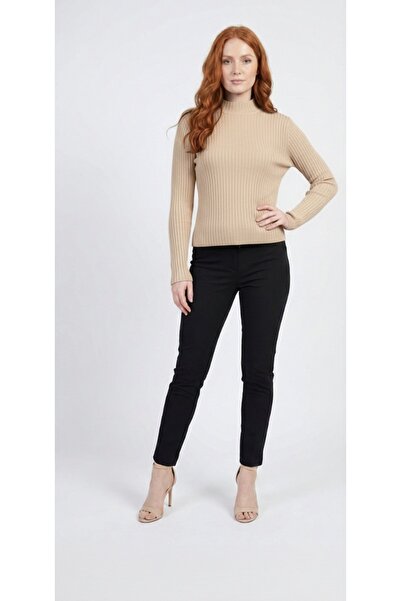 Neden Tekstil Beige High Collar Backless Ribbed Knitwear Blouse