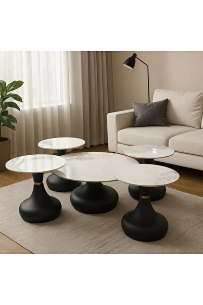 Generic Modern design coffee table with black base and marble top - 5 pieces