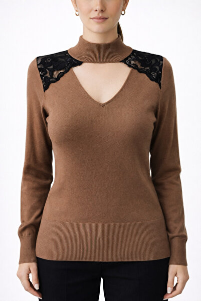 Neden Tekstil High Collar Lace Detailed Ribbed Knitwear Blouse