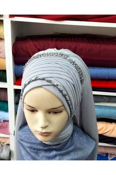 semahazırduvak açık gri simli duvaklı işleme detaylı aksesuarlı model hazır t...