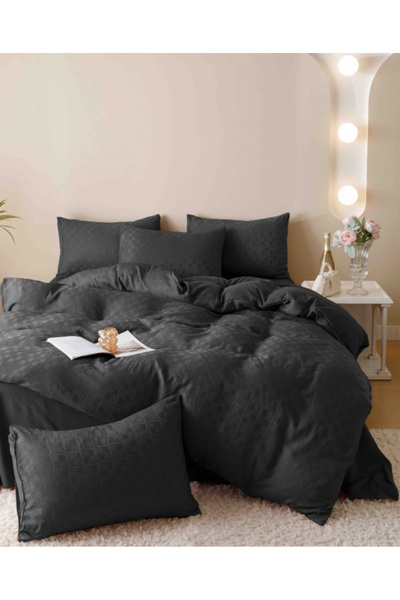 JOJO Double Bed Linen Set, Jacquard Finetat, 6 Pieces - Black