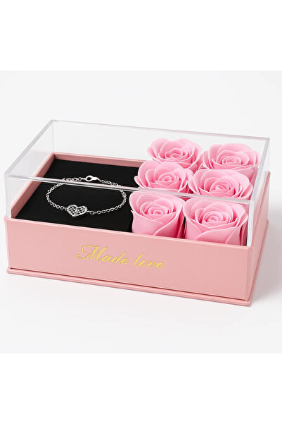 LOVE Set cadou cu 6 trandafiri din sapun roz si bratara, cutie eleganta cu ca...