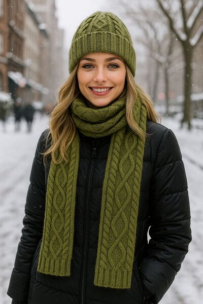 HAZAL KAYA ATELIER Khaki Knitted Women's Scarf Beanie Set of 2 180X20 cm
