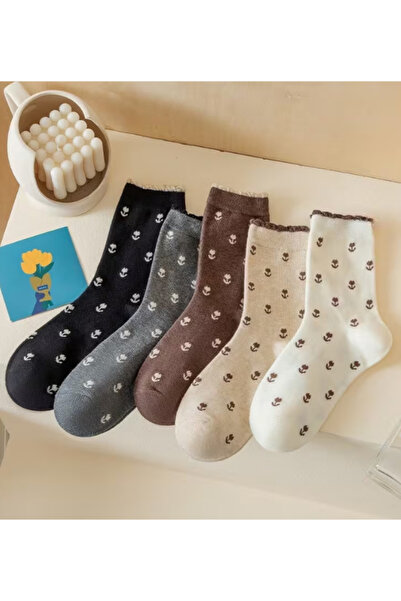 SEVORIA 5 Çift Kadın Soket Çorap Fırfır & Karanfil Desen & Esnek Doku & Her M...