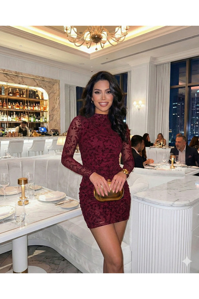 UZER Desenli Kadın flok kafife baskılı Uzun Kollu Şık Gece Elbisesi