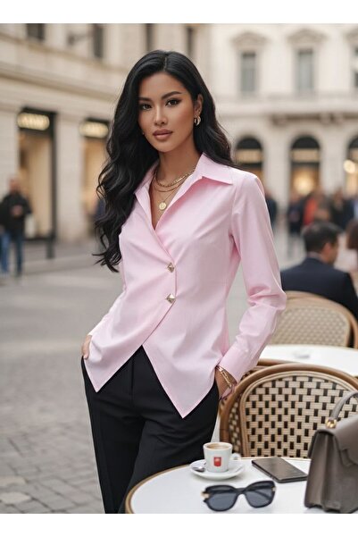 Ahzem Collection Asymmetrical Cut Shirt with Gold Button Detail