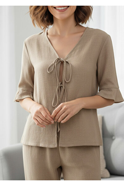 YusGos Women's Flounce Sleeve and Leg Detail Lace-Up Front Bamboo Linen Pajam...