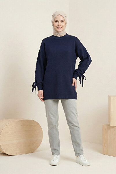 Kirazgym Women's Knitted Round Neck Knitwear Tunic with Sleeve Knit Detail - ...