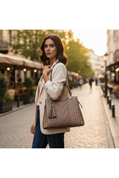 ZİVORA Large Size Women's Shoulder and Hand Bag with Patterned Stitching Detail