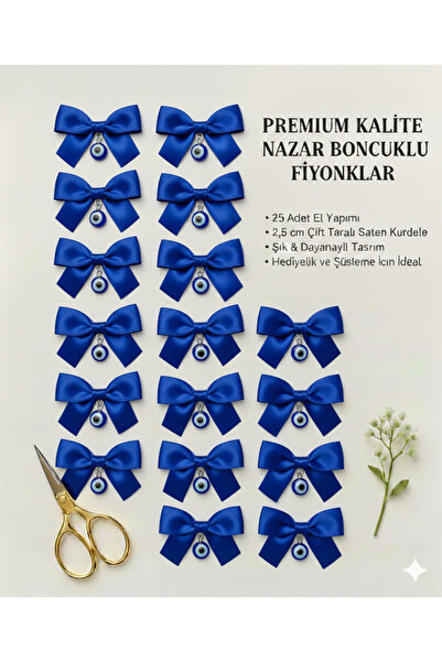 serap çiçekçilik "25'li Set Nazar Boncuklu Premium Saks Mavisi Saten Fiyonk -...