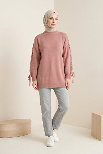 Kirazgym Women's Knitted Round Neck Knitwear Tunic with Sleeve Knit Detail - ...