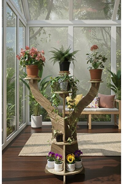 WOODEN MAN Dekoratif Ağaç Formlu Çiçeklik Standı - 8 Bölmeli Saksı Rafı - Ahş...