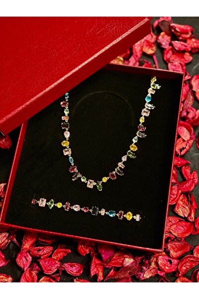 lotusbybuket Sevgililer günü özel seri renkli geometrik taşlı gold kolye ve b...