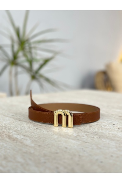 ERDESIGNN Women's Tan Belt with Gold Details and Tan Lettering