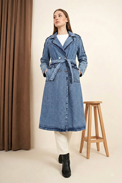 MODAQU Denim Trench Coat with Shoulder Detail Pockets - Ice Blue