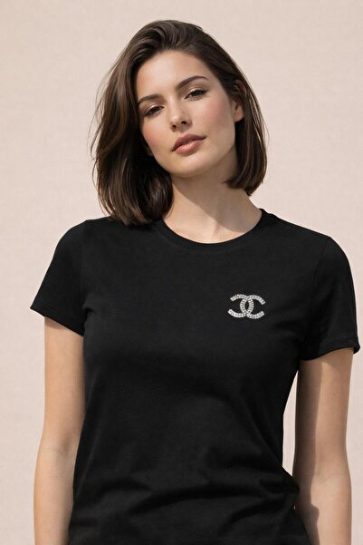 SİSTERS2HC Women's Stone Embroidered Bell Basic Round Neck Vi Viscose İyah T-...