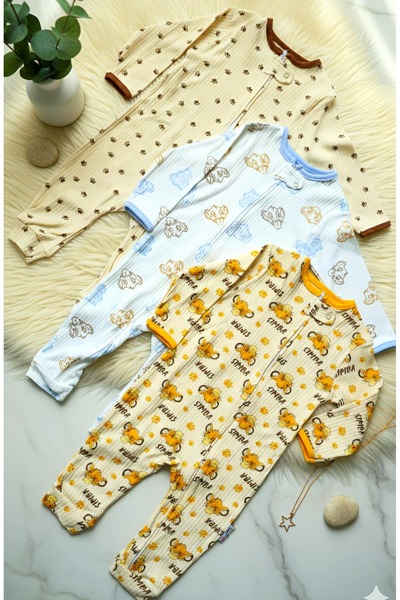Nexvora Simba Desenli Fermuarlı Erkek Bebek Tulum (3lü Set 3 Adet) (9 Ay / 12...